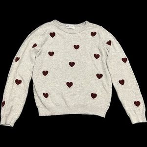 H&M Girls Grey/Burgundy Valentine Hearts Sweater 8-10Y